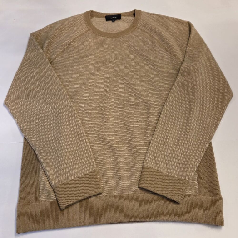 Vince Mens Medium Birdseye Raglan Crew Sweater Wool Cashmere Tan Beige Flaw